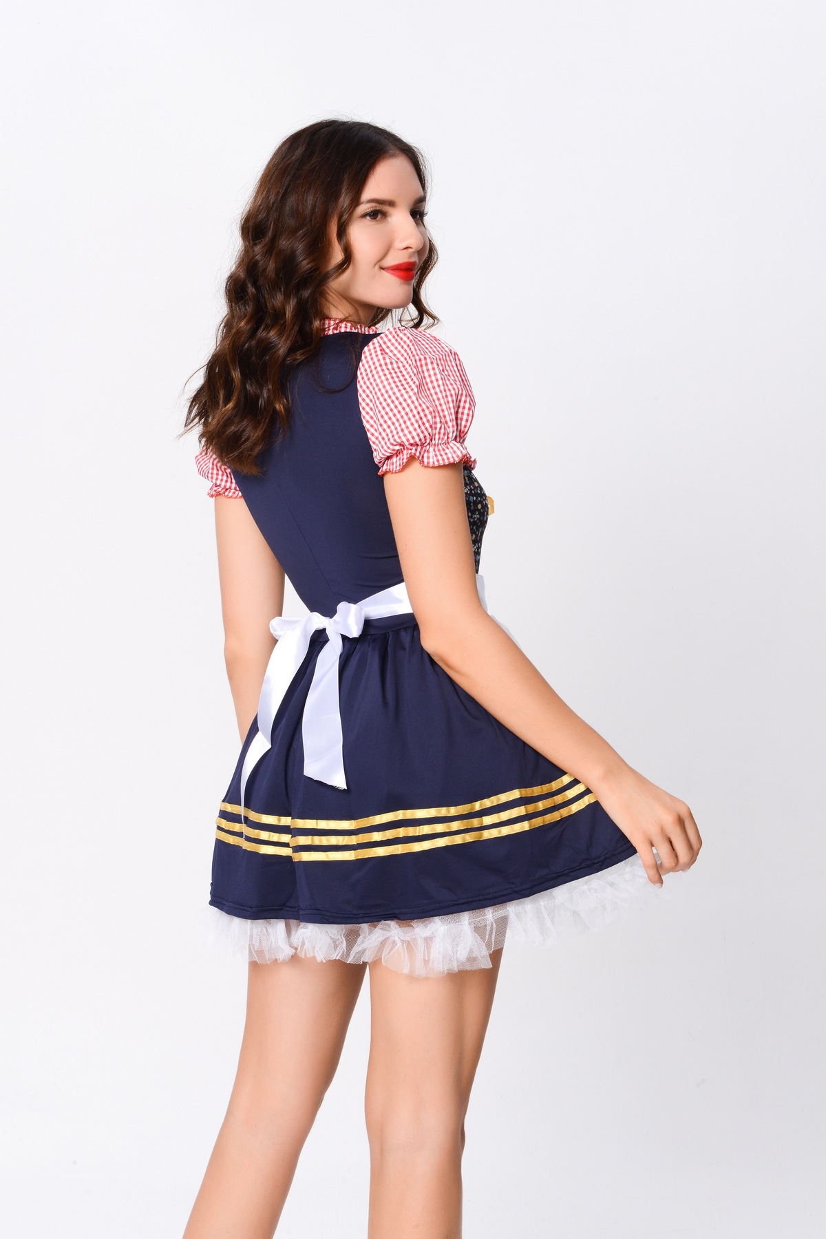 Traditional Oktoberfest Dirndl Dress Floral Corset Top with Red Gingham Design